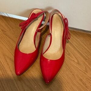 Red Patent Pointed Slingback Flats with Bow Accent